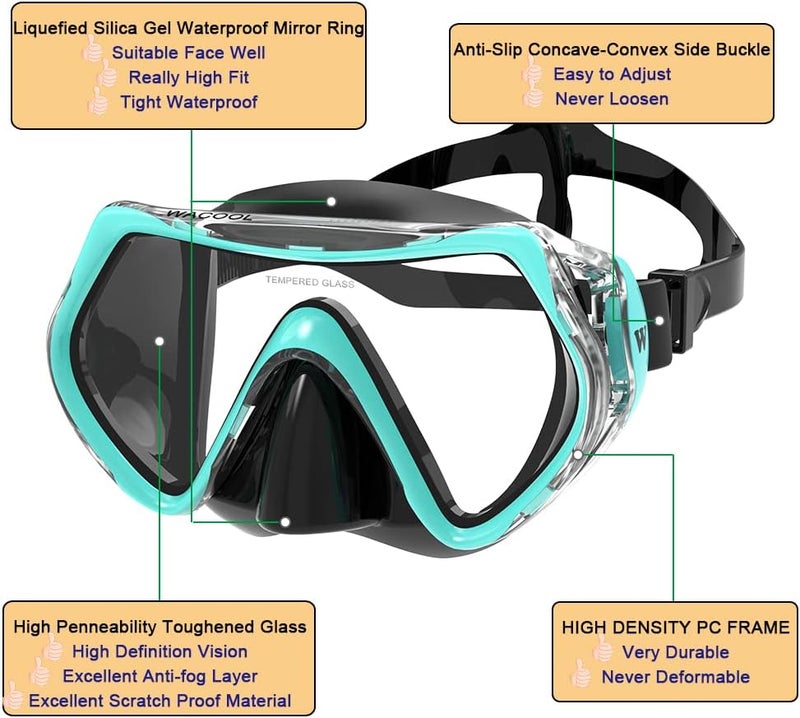 WACOOL Professional Snorkeling Snorkel Diving Scuba Package Set with Anti-Fog Coated Glass Purge Valve and Anti-Splash Silicon Mouth Piece for Men Women (Kids,Malachite Green) - Image 5